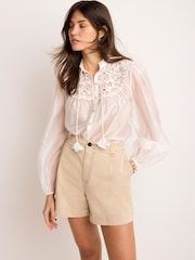 Mint Velvet Brown Cotton Blend Pleated Chino Shorts - Image 1 of 7