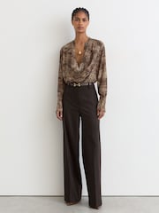 Reiss Brown Print Laurie Matte Silk Printed Draped Shirt - Image 1 of 6