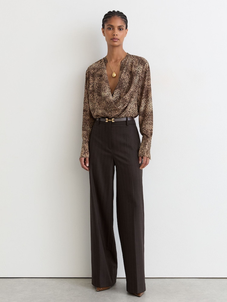 Reiss Brown Print Laurie Matte Silk Printed Draped Shirt - Image 1 of 6 Reiss Brown Print Laurie Matte Silk Printed Draped Shirt - Image 1 of 6