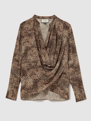 Reiss Brown Print Laurie Matte Silk Printed Draped Shirt - Image 2 of 6