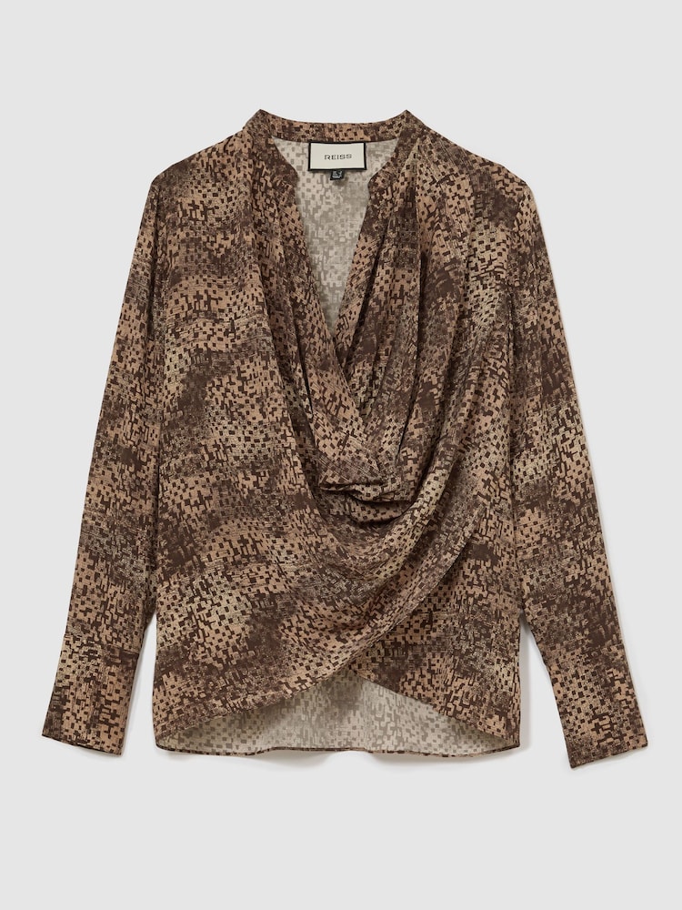 Reiss Brown Print Laurie Matte Silk Printed Draped Shirt - Image 2 of 6 Reiss Brown Print Laurie Matte Silk Printed Draped Shirt - Image 2 of 6
