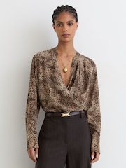 Reiss Brown Print Laurie Matte Silk Printed Draped Shirt - Image 3 of 6