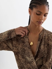 Reiss Brown Print Laurie Matte Silk Printed Draped Shirt - Image 4 of 6