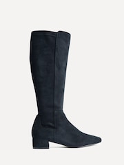Linzi Navy Blue Suede Revolve Stretch High Leg Boots With Low Block Heel - Image 2 of 5