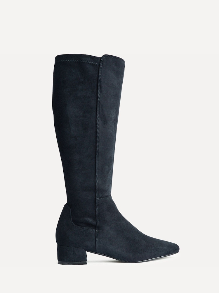 Linzi Navy Blue Suede Revolve Stretch High Leg Boots With Low Block Heel - Image 2 of 5 Linzi Navy Blue Suede Revolve Stretch High Leg Boots With Low Block Heel - Image 2 of 5