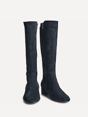 Linzi Navy Blue Suede Revolve Stretch High Leg Boots With Low Block Heel - Image 3 of 5