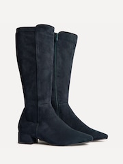 Linzi Navy Blue Suede Revolve Stretch High Leg Boots With Low Block Heel - Image 4 of 5