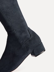 Linzi Navy Blue Suede Revolve Stretch High Leg Boots With Low Block Heel - Image 5 of 5