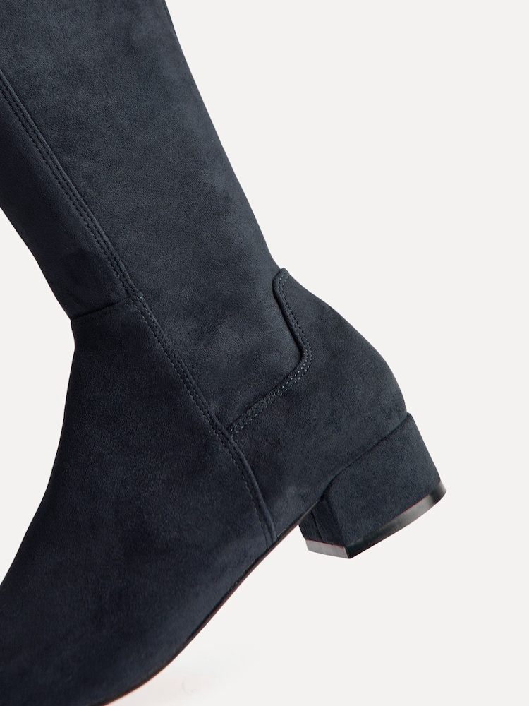 Linzi Navy Blue Suede Revolve Stretch High Leg Boots With Low Block Heel - Image 5 of 5 Linzi Navy Blue Suede Revolve Stretch High Leg Boots With Low Block Heel - Image 5 of 5