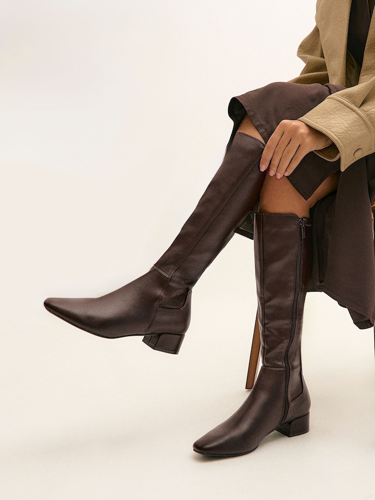 Linzi Brown PU Revolve Stretch High Leg Boots With Low Block Heel - Image 1 of 5