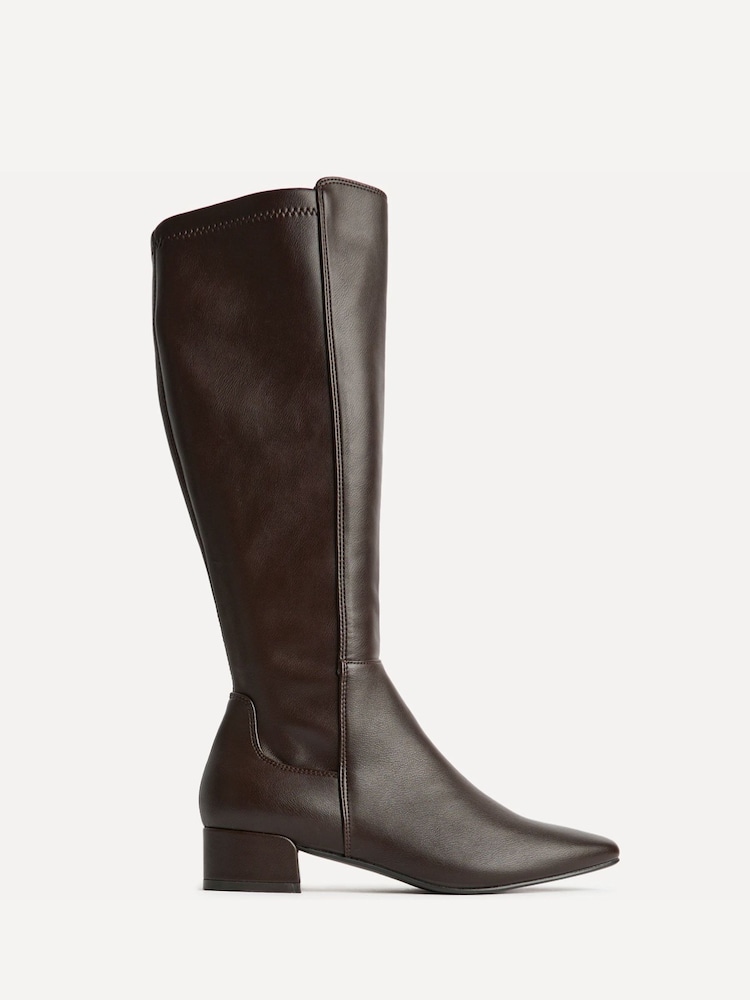 Linzi Brown PU Revolve Stretch High Leg Boots With Low Block Heel - Image 2 of 5