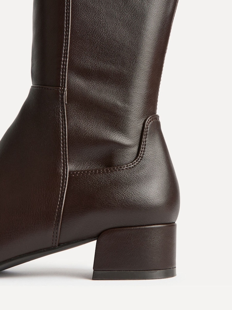 Linzi Brown PU Revolve Stretch High Leg Boots With Low Block Heel - Image 5 of 5