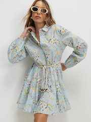 River Island Blue Floral Print Belted Mini Shirt Dress - Image 1 of 4