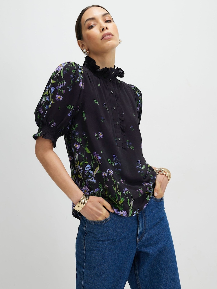 River Island Black Short Sleeve Floral Print Top - Image 1 of 4 River Island Black Short Sleeve Floral Print Top - Image 1 of 4