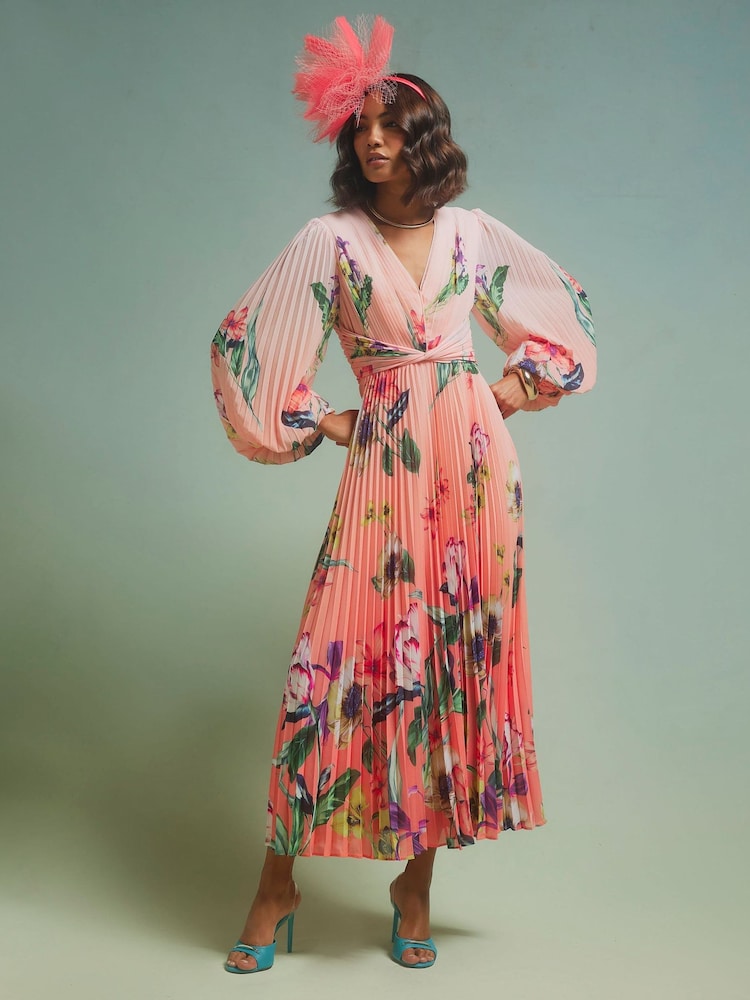 River Island Pink Edwina Long Sleeve Floral Print Midi Dress - Image 1 of 4 River Island Pink Edwina Long Sleeve Floral Print Midi Dress - Image 1 of 4