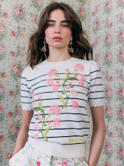 River Island White Cabbages and Roses Stripe Floral Embroidered Knitted T-Shirt - Image 3 of 4