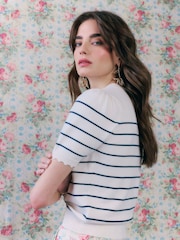 River Island White Cabbages and Roses Stripe Floral Embroidered Knitted T-Shirt - Image 4 of 4