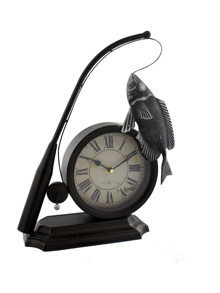 Widdop Black Metal Mantel Clock - Fishing Rod & Fish - Image 1 of 1 Widdop Black Metal Mantel Clock - Fishing Rod & Fish - Image 1 of 1