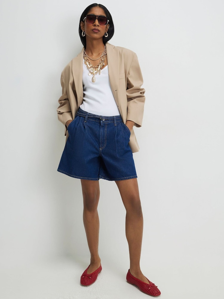 River Island Blue Belted Waist Tailored Denim Shorts - Image 1 of 4