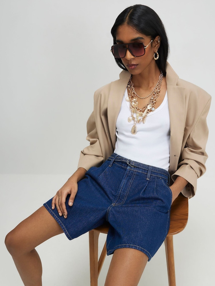 River Island Blue Belted Waist Tailored Denim Shorts - Image 4 of 4