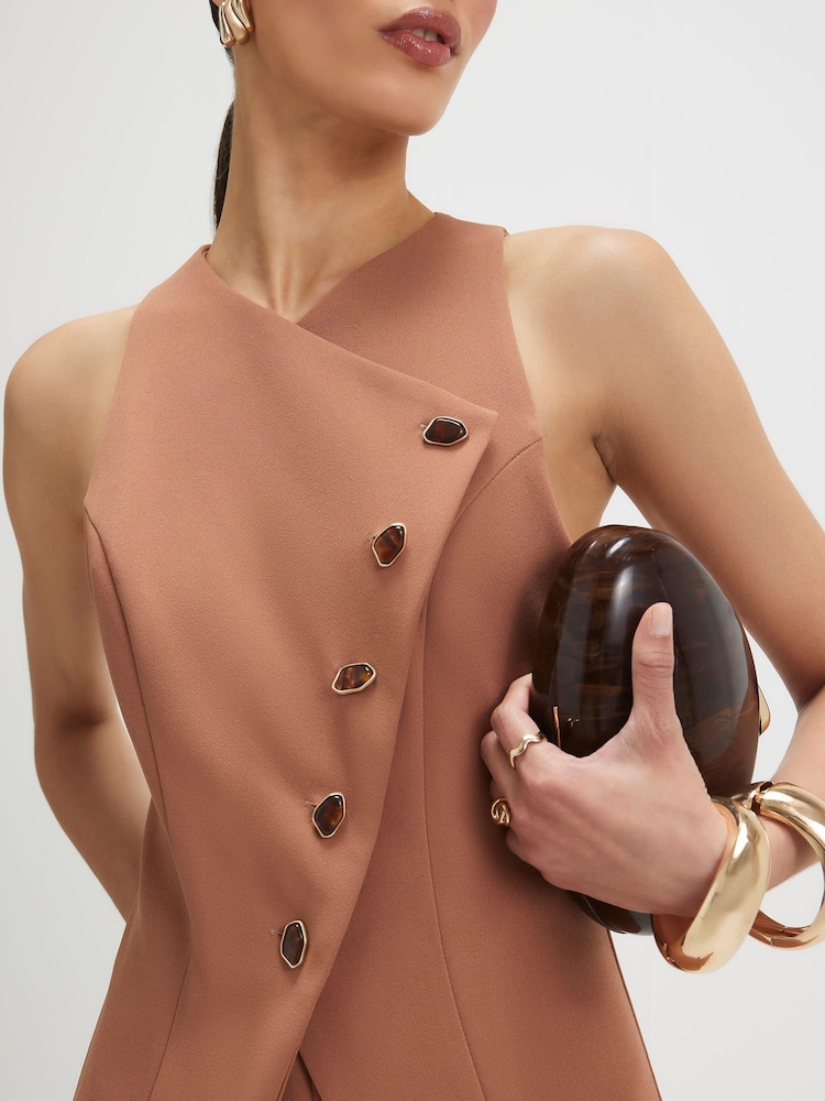 River Island Brown Collarless Asymmetric Jumpsuit - Image 2 of 4 River Island Brown Collarless Asymmetric Jumpsuit - Image 2 of 4