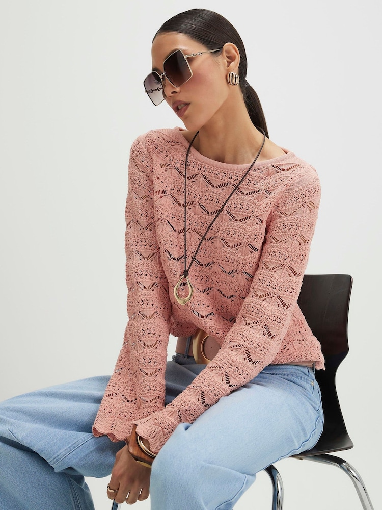 River Island Pink Crochet Boat Neck Jumper - Image 2 of 4