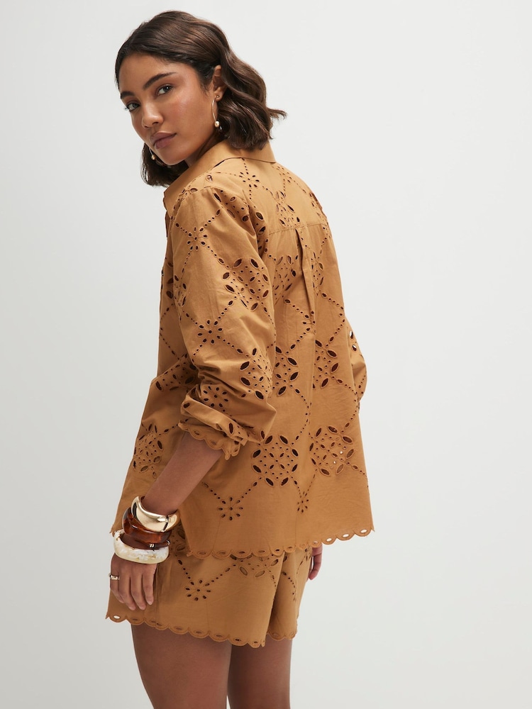River Island Brown Poplin Cutwork Shirt - Image 2 of 4 River Island Brown Poplin Cutwork Shirt - Image 2 of 4