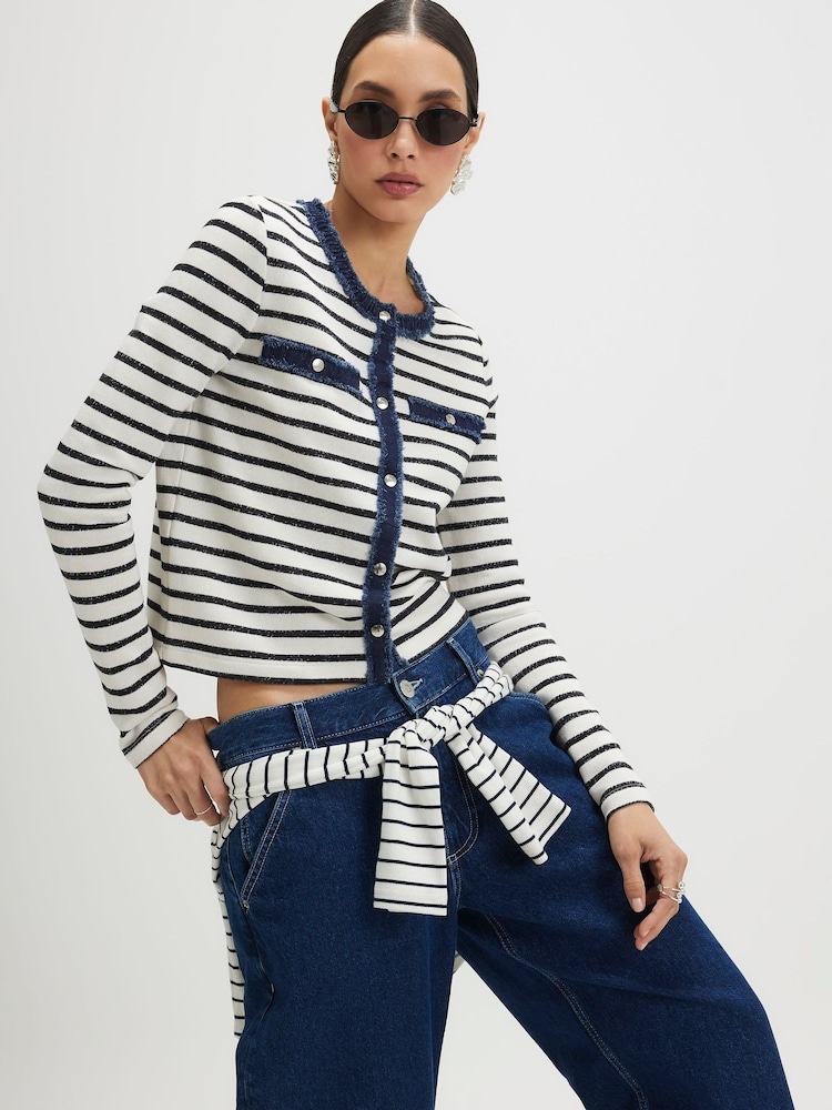 River Island White Stripe Denim Hybrid Cardigan - Image 1 of 4