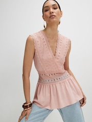 River Island Pink Crochet V-Neck Tie Back Top - Image 1 of 4