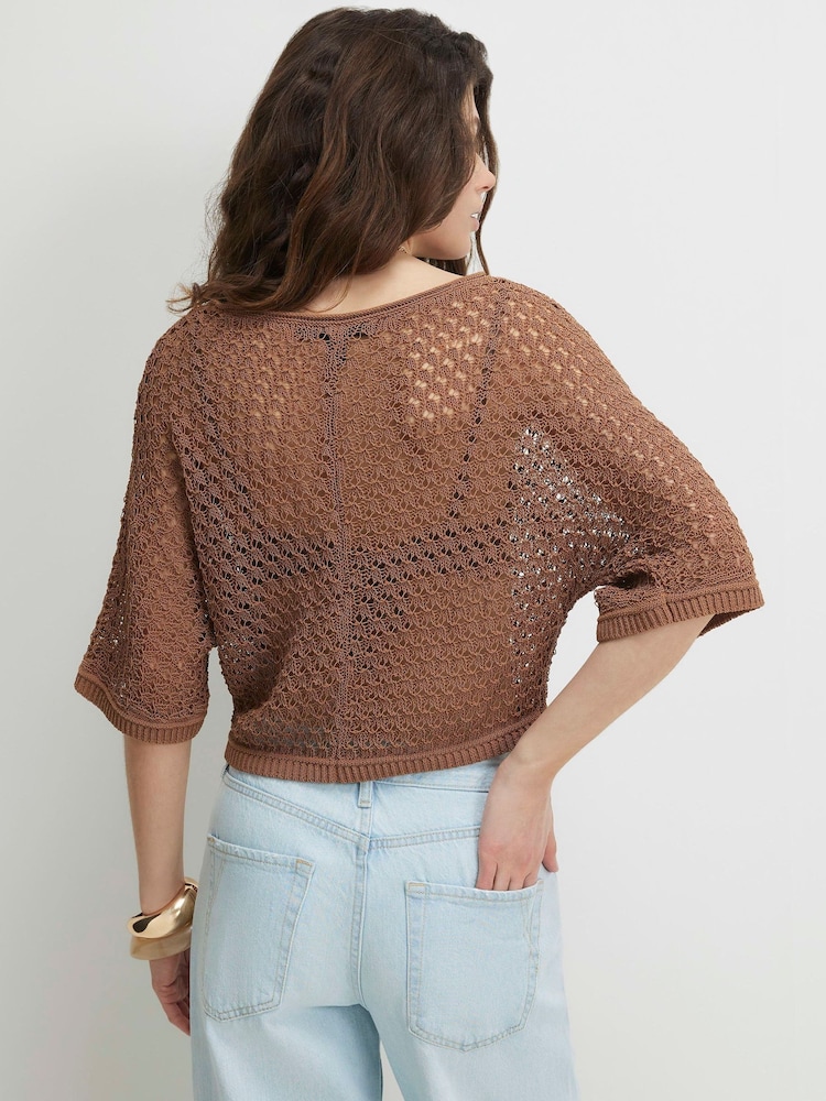 River Island Brown Open Knit Short Sleeve Top - Image 2 of 4 River Island Brown Open Knit Short Sleeve Top - Image 2 of 4