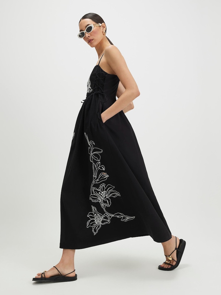 River Island Black Cutwork Tie Side Midi Dress - Image 2 of 4 River Island Black Cutwork Tie Side Midi Dress - Image 2 of 4