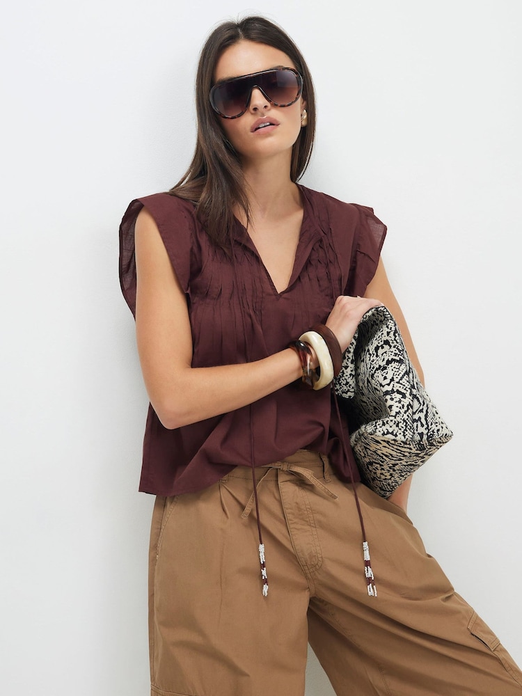 River Island Brown Shirred Tie Neck Top - Image 1 of 4