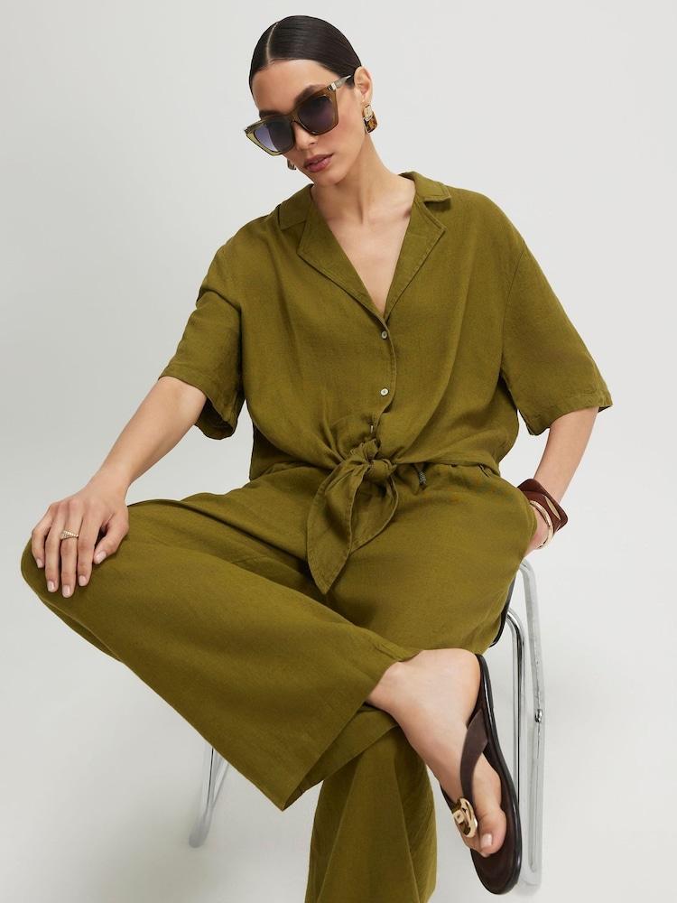 River Island Green Short Sleeve Tie Front Linen Blend Shirt - Image 1 of 4