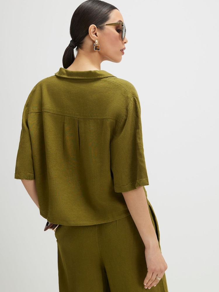 River Island Green Short Sleeve Tie Front Linen Blend Shirt - Image 2 of 4