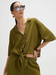 River Island Green Short Sleeve Tie Front Linen Blend Shirt - Image 3 of 4