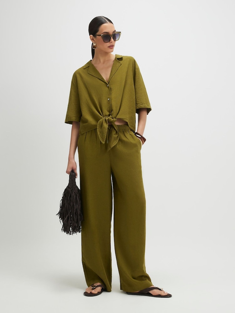 River Island Green Short Sleeve Tie Front Linen Blend Shirt - Image 4 of 4