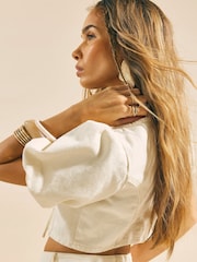 River Island Cream Tie Front Puff Sleeve Denim Top - Image 4 of 4