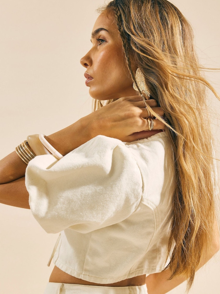 River Island Cream Tie Front Puff Sleeve Denim Top - Image 4 of 4