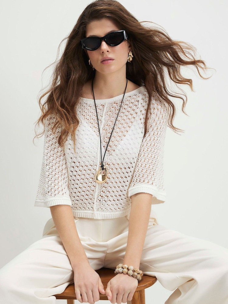 River Island White Open Knit Short Sleeve Top - Image 1 of 4 River Island White Open Knit Short Sleeve Top - Image 1 of 4