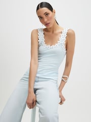 River Island Blue Floral Diamante Trim Tank Top - Image 1 of 4