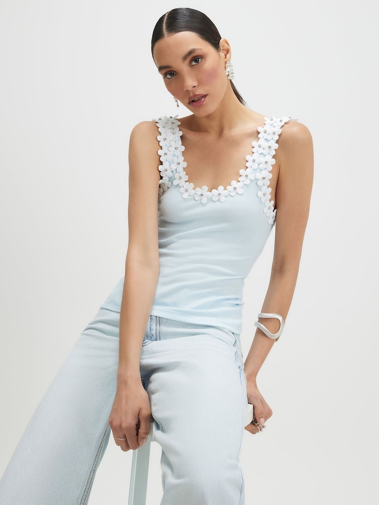 River Island Blue Floral Diamante Trim Tank Top - Image 1 of 4