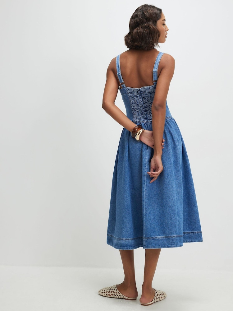 River Island Blue Seamed Denim Midi Dress - Image 1 of 4
