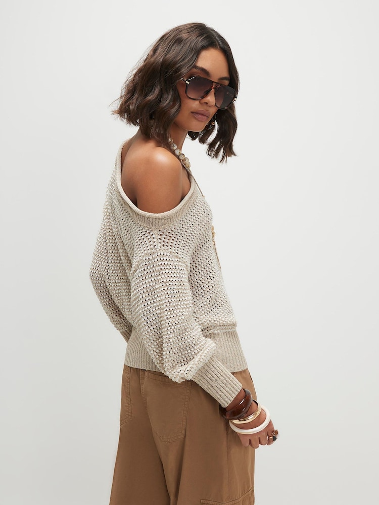 River Island Natural Open Stitch One Shoulder Knit Top - Image 4 of 4