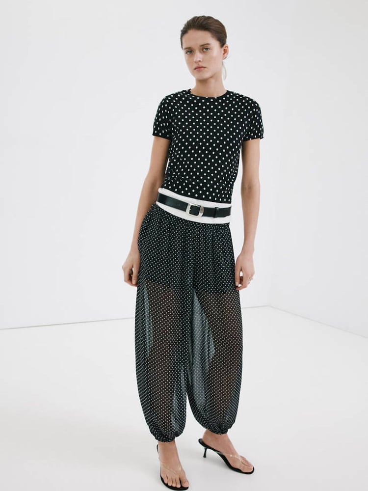 Mango Black Polka Dot Short Sleeve Knitted Top - Image 1 of 7 Mango Black Polka Dot Short Sleeve Knitted Top - Image 1 of 7