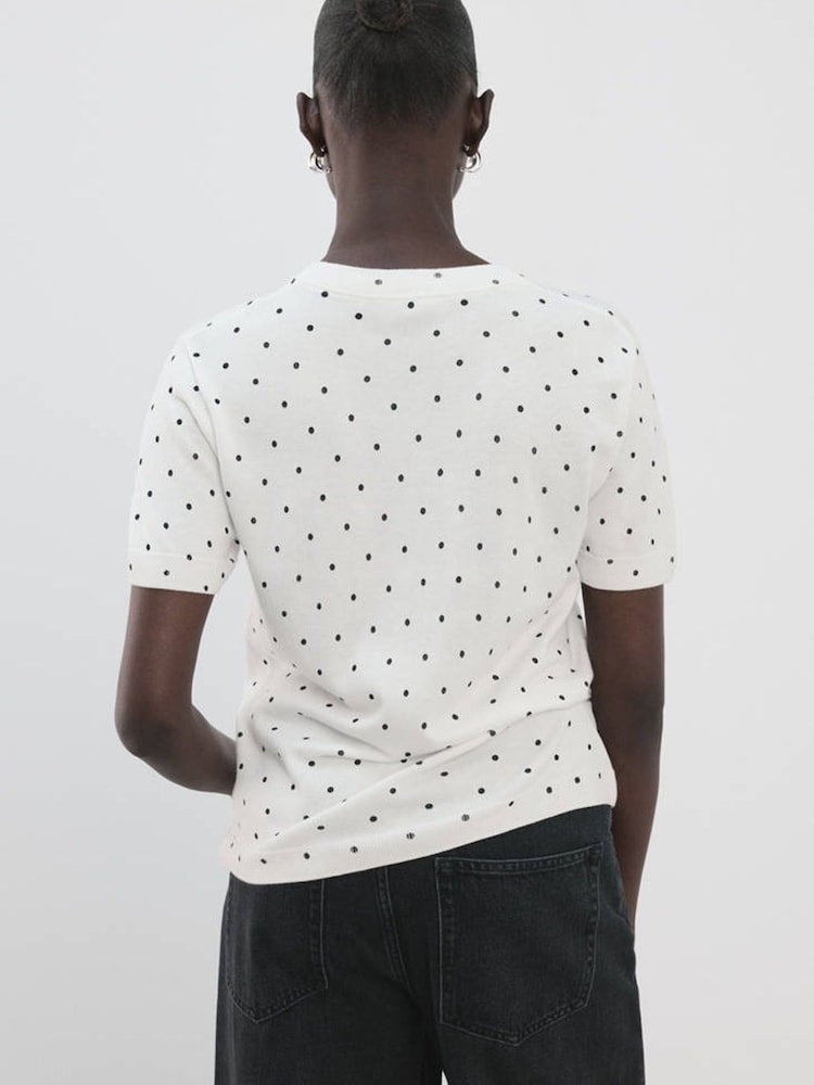 Mango White Polka Dot Short Sleeve Knitted T-Shirt - Image 2 of 6