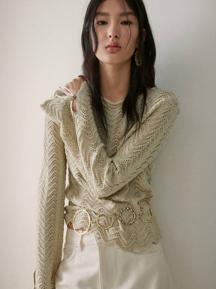 Mango Cream Crochet Knit Tie Sleeve Jumper - Image 1 of 7