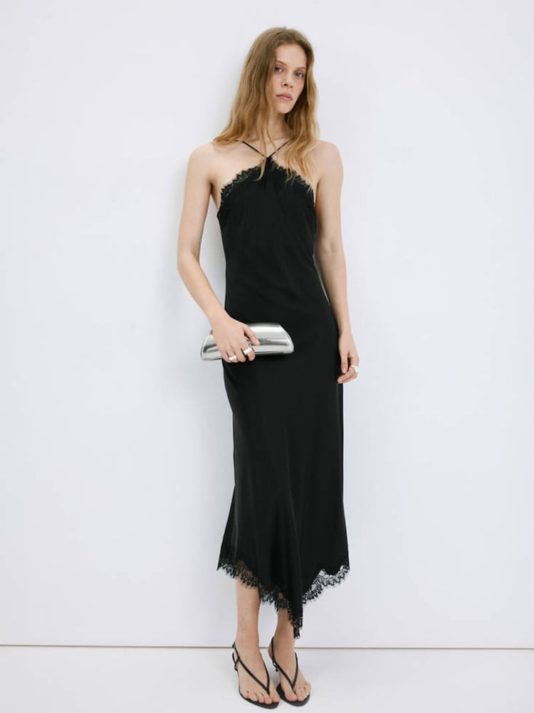 Mango Black Lace Halterneck Midi Dress - Image 1 of 7 Mango Black Lace Halterneck Midi Dress - Image 1 of 7
