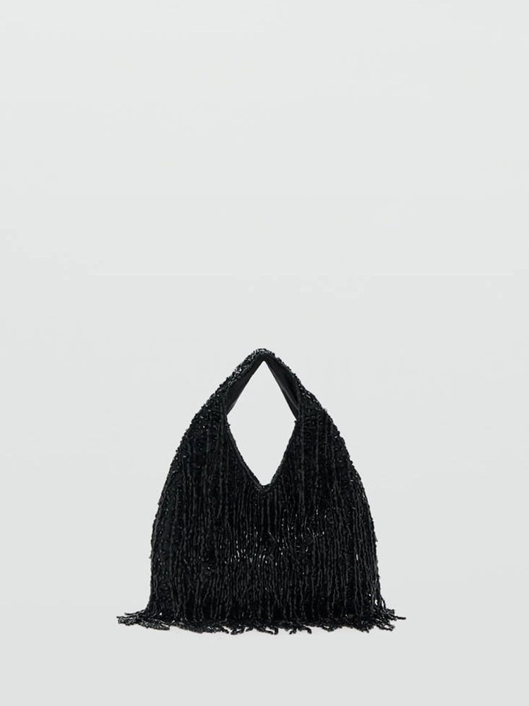 Mango Black Beaded Fringe Handbag - Image 1 of 4