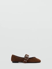 Mango Brown Suede Buckle Detail Ballet Flats - Image 1 of 7