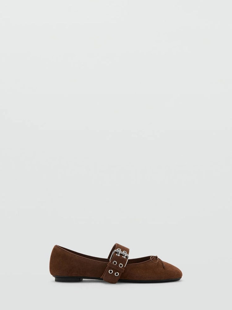 Mango Brown Suede Buckle Detail Ballet Flats - Image 1 of 7